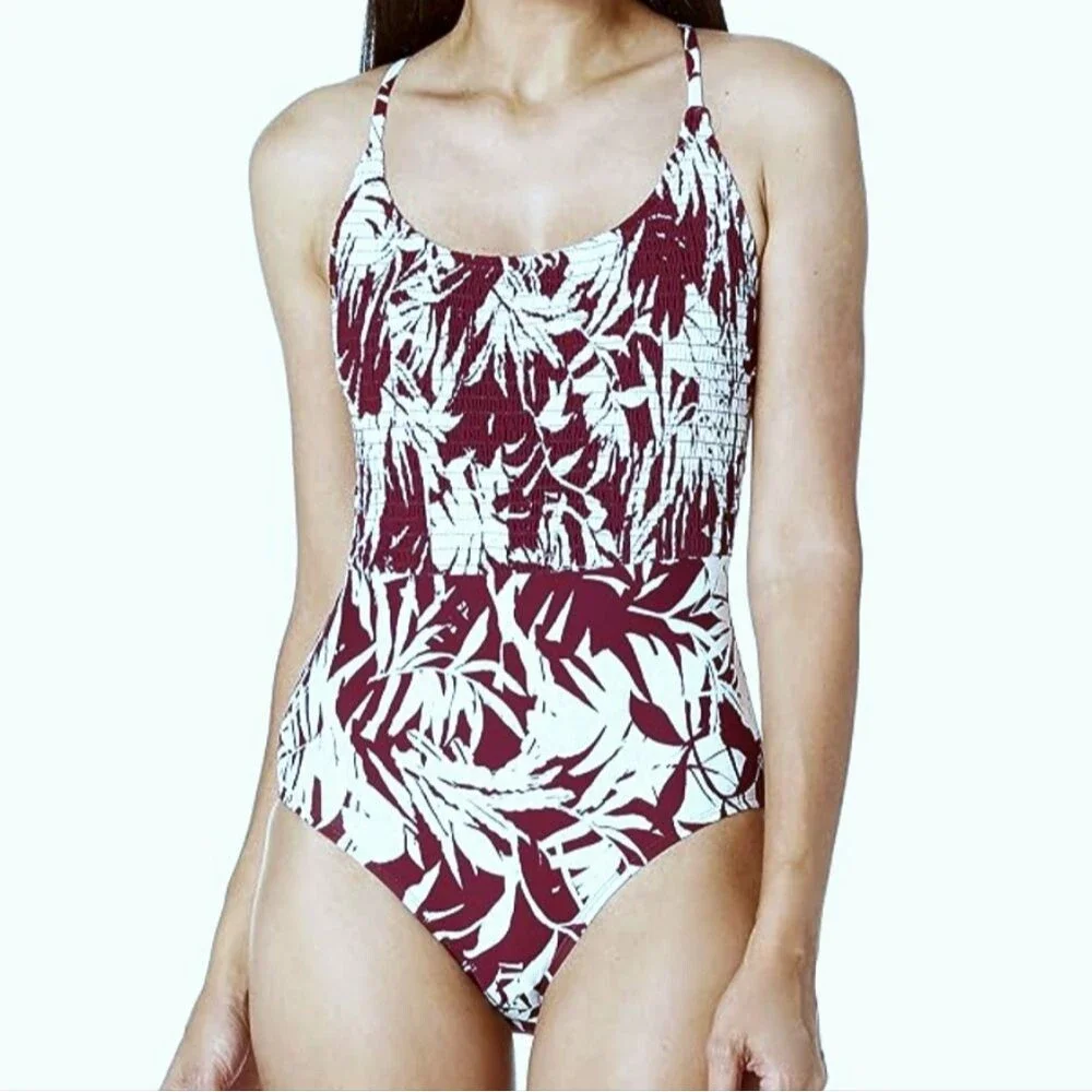 Catalina Tropical Palm Smocked Lace-Up Back Maroon One Piece Swimsuit Small Surf